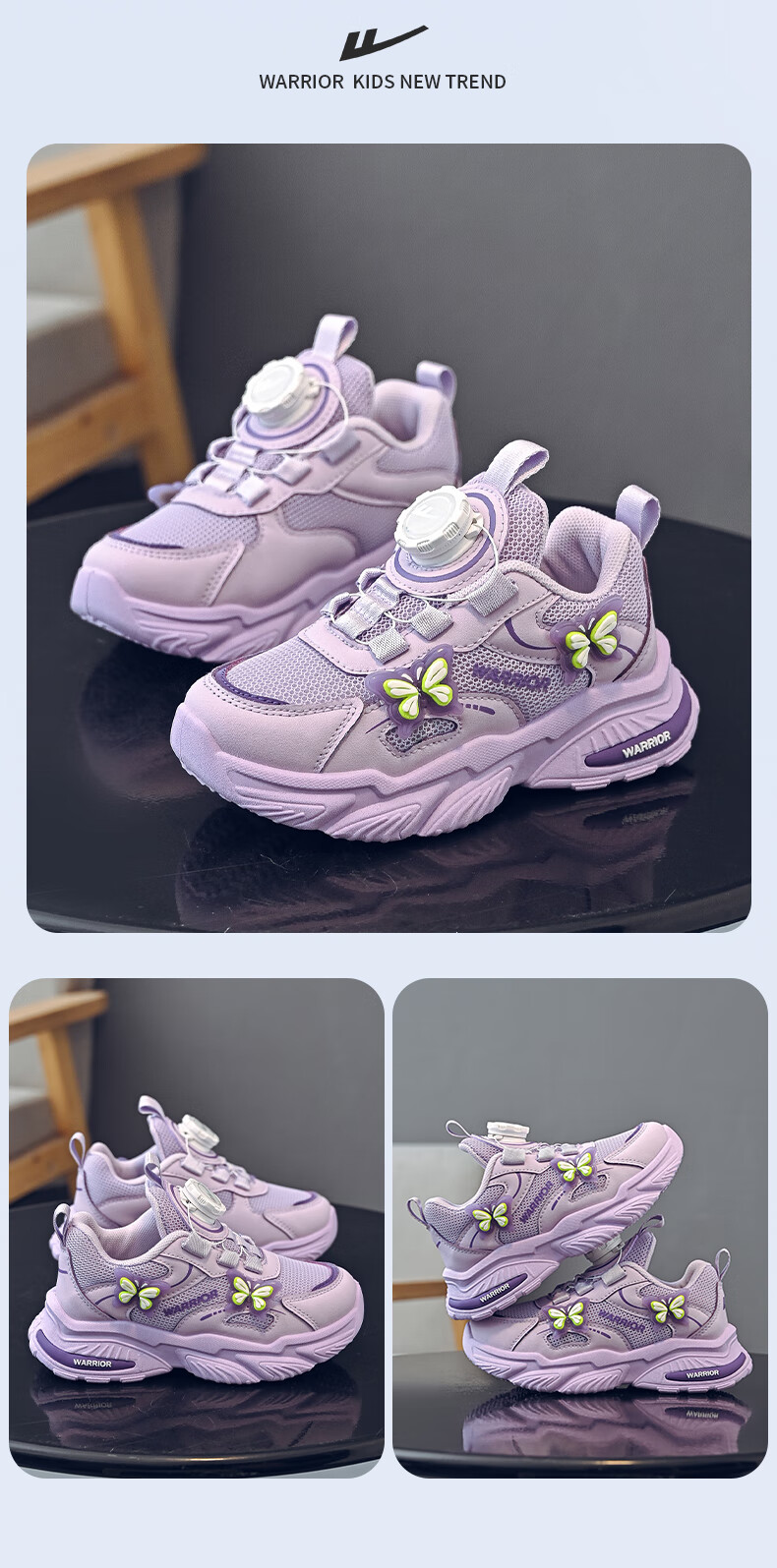 Warrior Girls' Sports Shoes Spring and Autumn Mesh Breathable Casual Running Shoes WZ-1523 Pink/Purple Size 34 8
