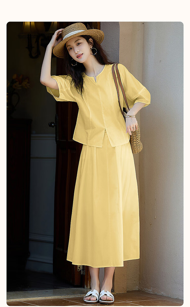 Demana Women's Artist Set Summer High-Quality Pure Cotton Puff Sleeve Top A-Line Slit Skirt Two-Piece Set 1