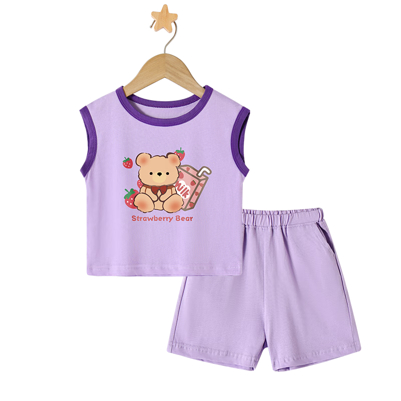 Badibadi Summer Baby Toddler Cotton Sleeveless Vest and Shorts Set Unisex Purple Milk Bear Size 140