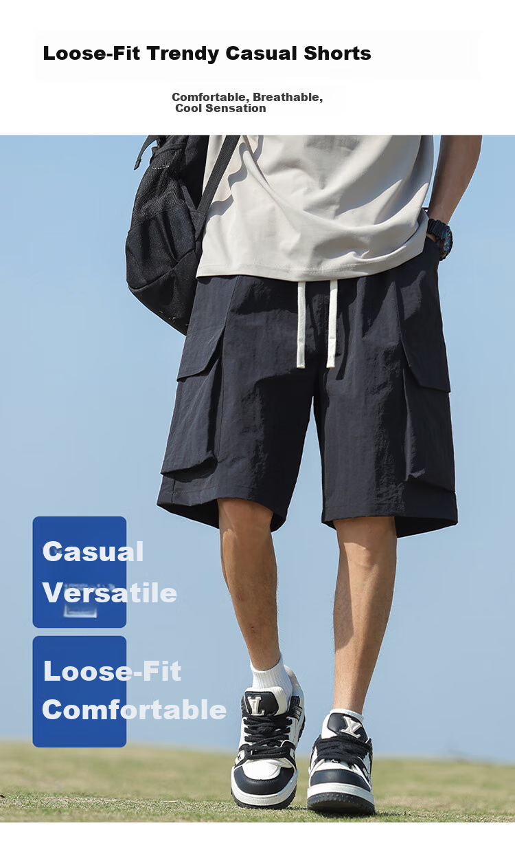 IZEXX Men's Cargo Shorts, Summer Fashion Versatile Large Pocket Simple Solid Color Sports Knee-Length Pants IZ706 Black 3XL 2