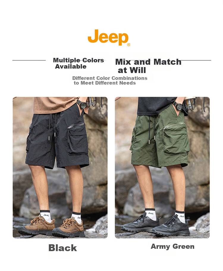 JEEP Ice Silk Shorts for Men, Summer Cool Casual Cargo Pants Loose-Fitting Trousers Men's Knee-Length Shorts, Black, 2XL 2