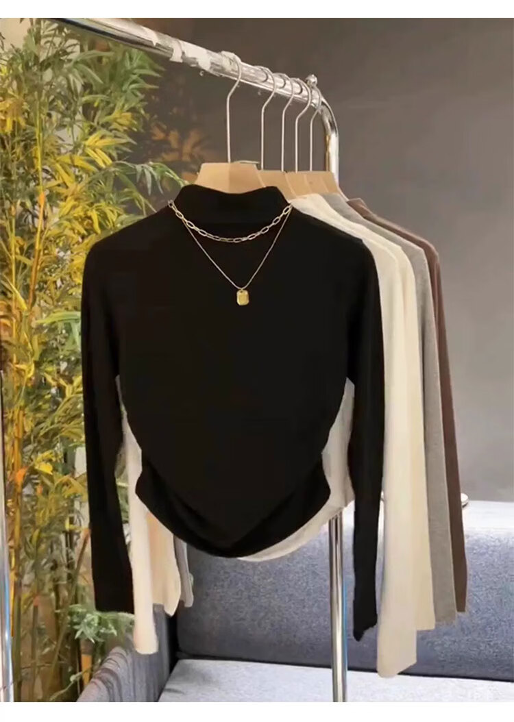 Woodpecker Women's Half Turtleneck Long Sleeve T-Shirt Autumn New Slim Fit Pleated Base Shirt Black 2XL 4