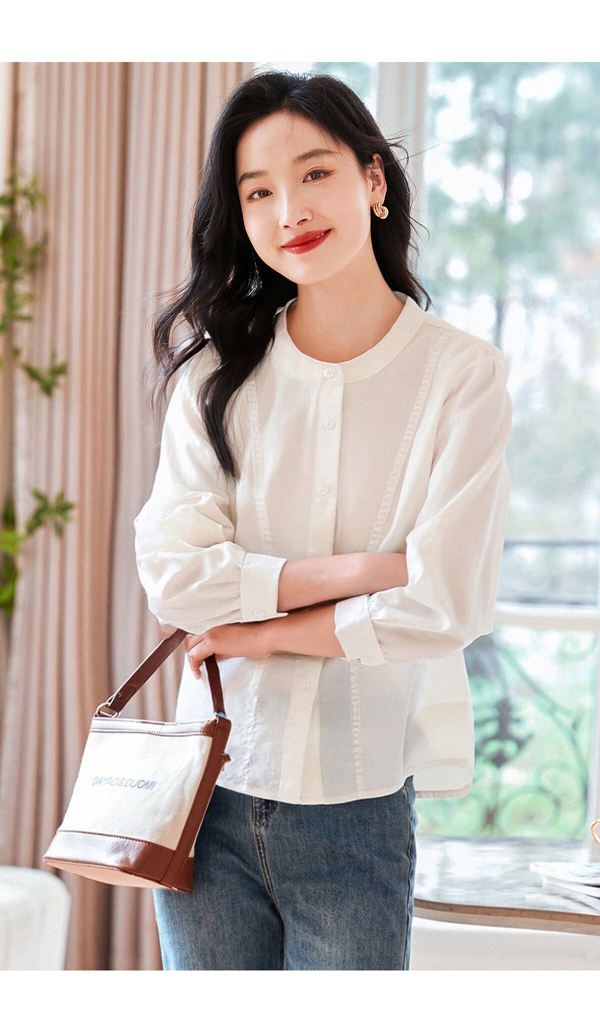 Chushen Women's Spring and Autumn Long Sleeve Shirt Fashion Small Stand Collar Cotton White Shirt S53S015 6