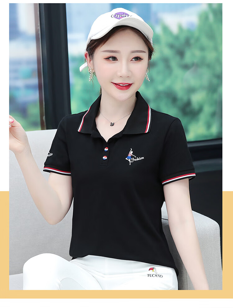 Woodpecker Women's Pure Cotton Short Sleeve T-Shirt Summer Printed Slim Fit Shoulder Polo Shirt Red XL 9