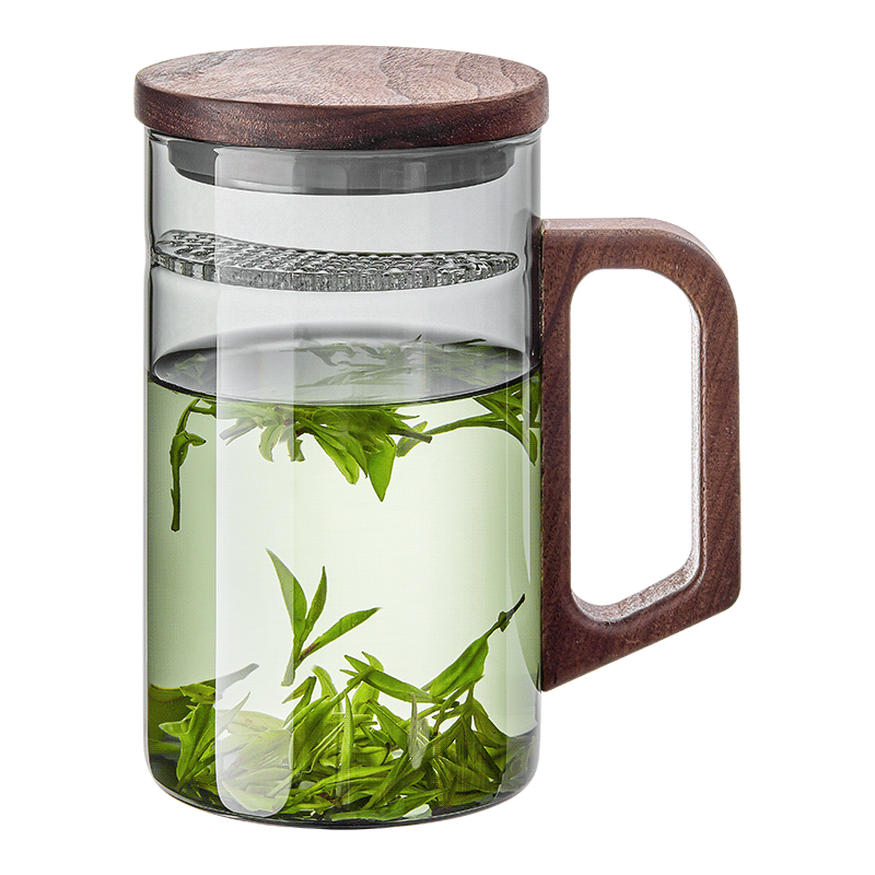 Yaji Thick Heat-Resistant Glass Cup, Crescent-Shaped Tea Infuser, Large Capacity Office Mug for Men, 800ml, Smoky Wood Lid Versio