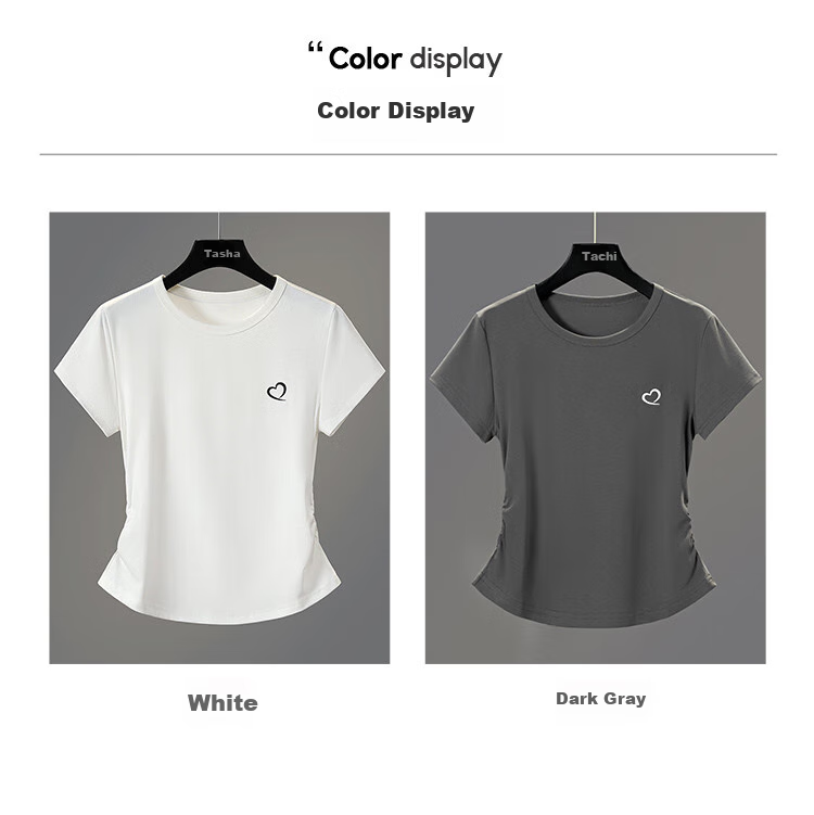 Taichi Round Neck T-Shirt 2026 Summer New Slim Fit Simple Pleated Waist Short Shoulder Crop Top for Women 5