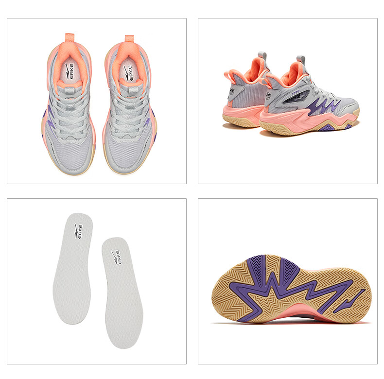 ERKE Kids Boys Basketball Shoes Children's Cushioning Lace-up Qixi 2 Lite White Dew Gray/Motorcycle Purple Size 39 9