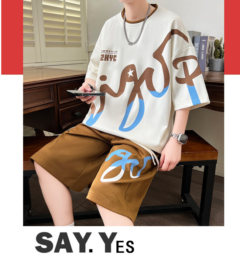 Zuofeili Men's Short-Sleeve Shorts Set, 2026 Summer Ice Silk Trendy T-Shirt, Casual Sports Outfit for Older Boys in Middle School 16