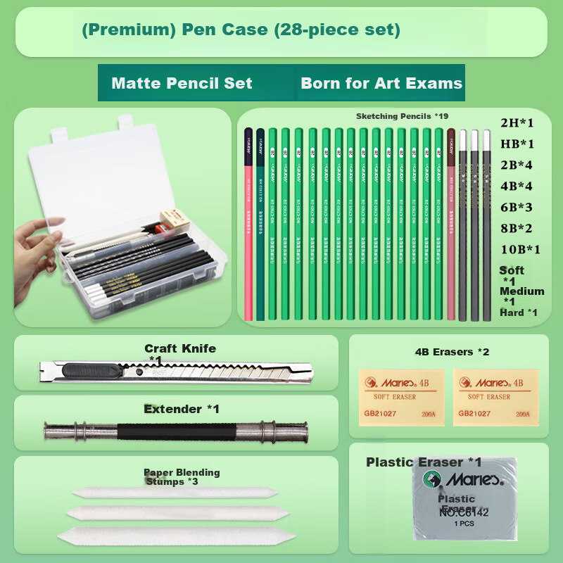 Marie's Matte Sketching Pencil Set for Art Students, Drawing Exam Pencils And Charcoal Pencils Sketching Kit - Beginner's 28-Piece Set with Pencil Case - Quick Sketching And Drawing