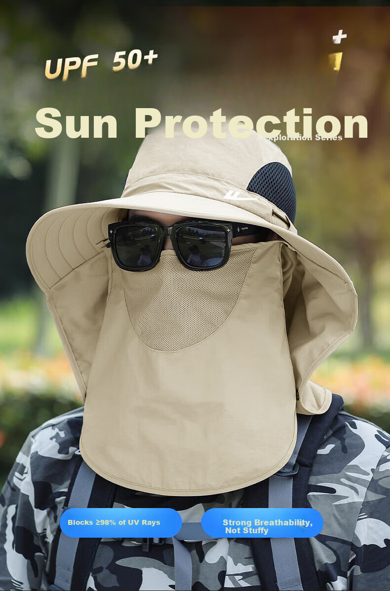 Huili Sun Hat for Men, UV Protection Face Covering Hat, Outdoor Neck Guard Fishing Straw Hat, Simple Fisherman Hat 2
