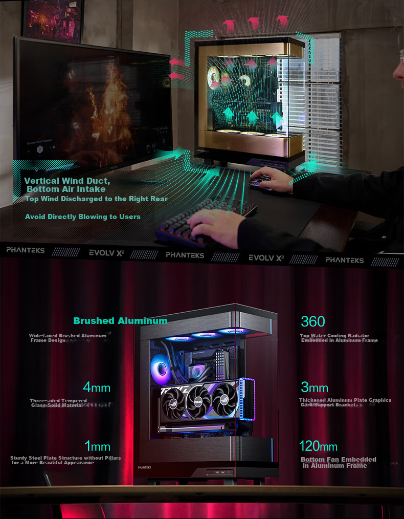 PHANTEKS EVOLV X2 Black Desktop Water-Cooled Computer Case with Panoramic View (20G Type-C, 360mm Radiator Support, Cable Management, Brushed Aluminum, 5090) 5