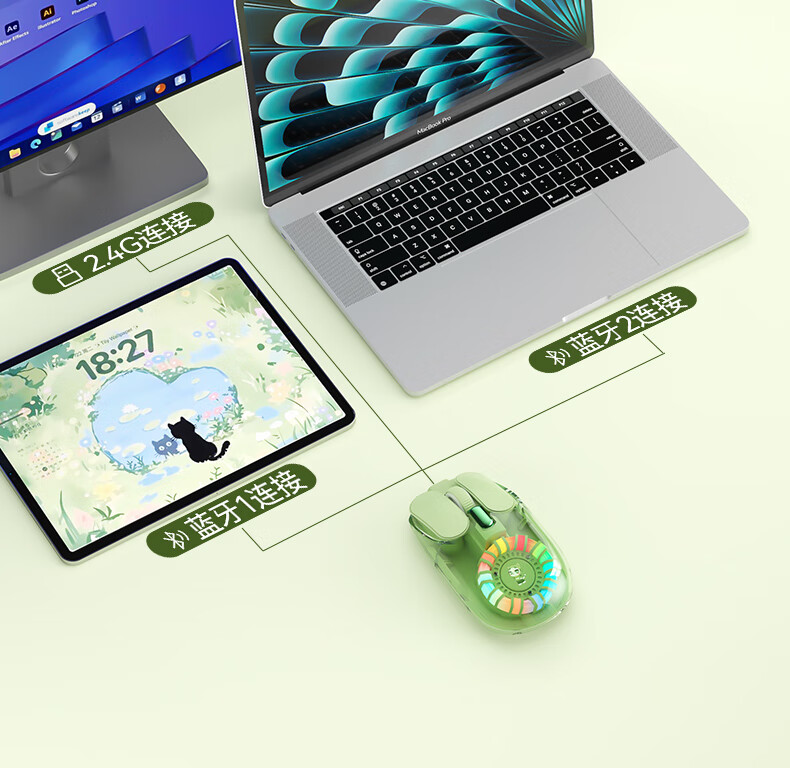 B.O.W Hangshi MD508L Transparent Backlit Wireless Bluetooth Dual-Mode Mouse Rechargeable Silent Ergonomic Universal Mouse for Laptop Home Office Titanium Silver 4