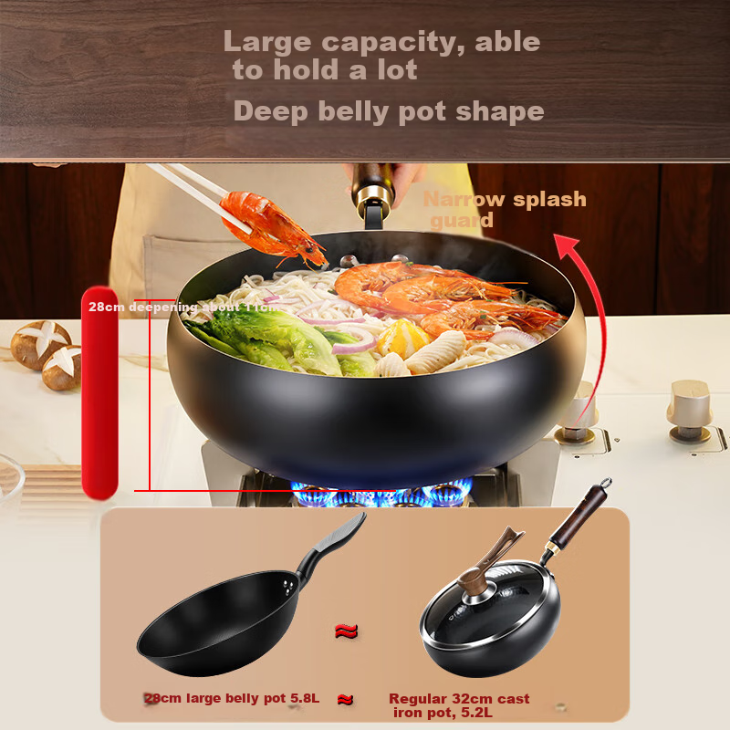 SSGP® Large-Bell Iron Wok, Preheated Non-Coated Flat Bottom for Gas Stove And Induction Cooker, 28cm, 38532