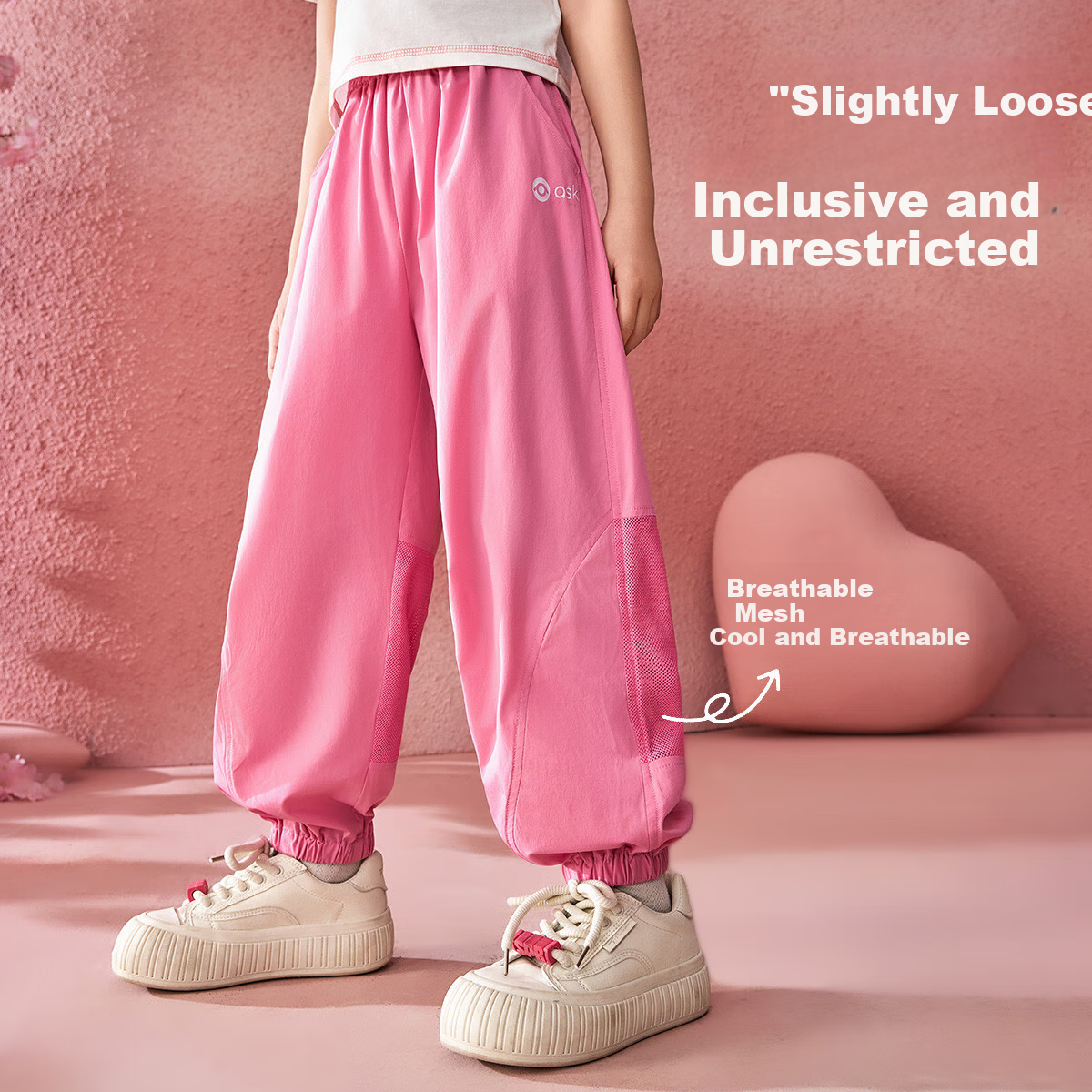ASK JUNIOR Children's Pants, Summer 2026, Mesh Spliced Breathable Sports Casual Pants, Elastic Ankle Girls' Trousers, Pink, Size 150 1