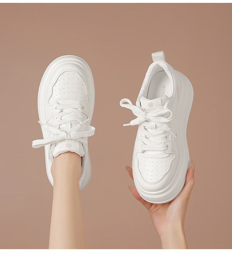 BOERDIQI Top-Grain Leather Versatile White Sneakers for Women, Thick-Soled Height-Increasing Casual Sports Shoes, White And Black, Size 36 12