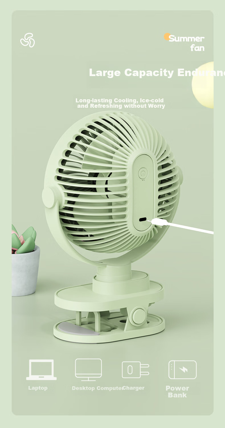 Siyicai Simple Clip-On Light Fan, Cute Student Mini Fan, USB Rechargeable, Dorm Bedside Small Electric Fan, Rotatable YS2539 Bean Green Color 6