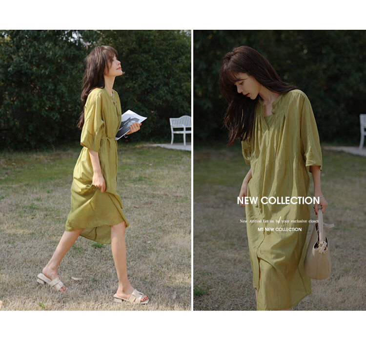 MT Minimalist Bright Color Summer Lightweight Tie-Waist Round Neck 5-Sleeve Long Dress 8