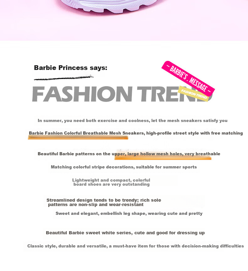 Barbie Children's Shoes, Summer Kids' Sneakers, Girls' Mesh Shoes, Breathable White Shoes DA6301, White, Size 36 2