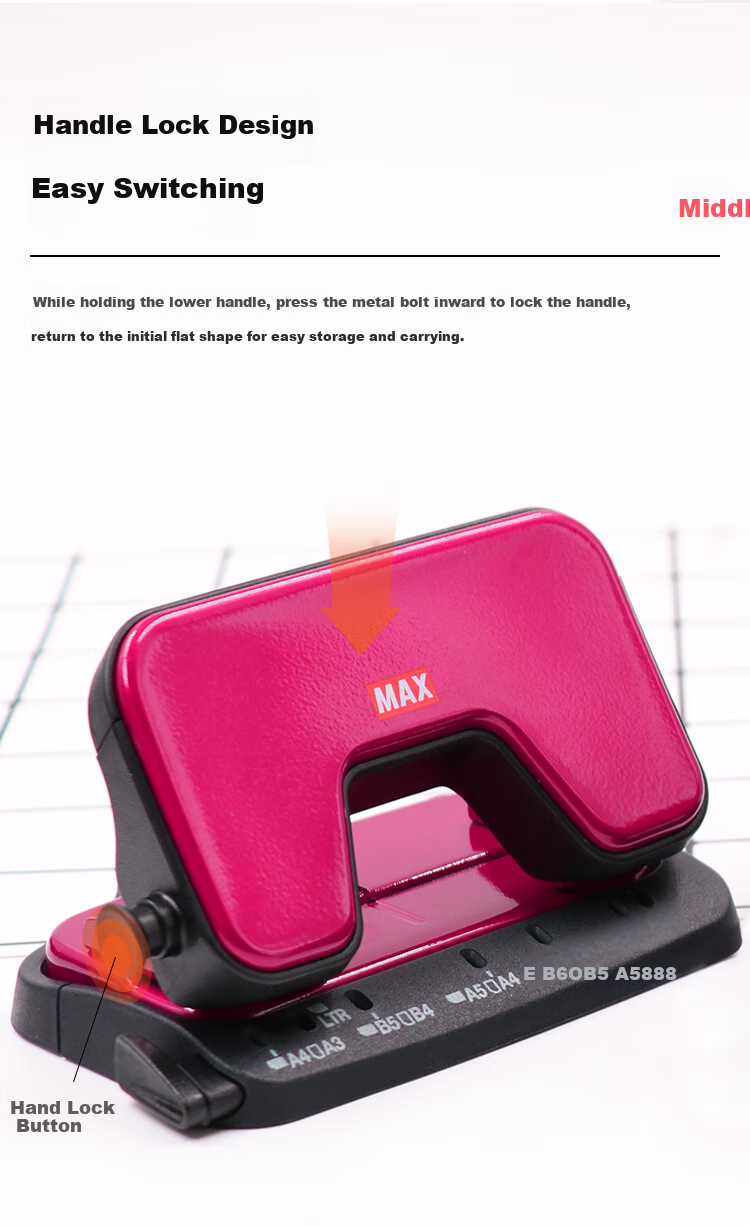 MAX Multi-Purpose Two-Hole Puncher, Labor-Saving Office File Round Hole Puncher (Punches 12 Sheets/60g), DP-15T, Pink 2