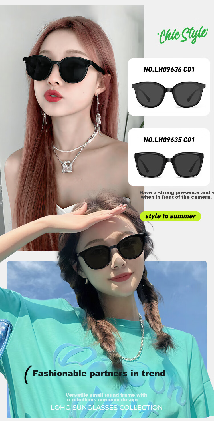 LOHO 2024 New Women's Sunglasses, Mirror Finish for A Luxurious Look, Small Frame, Acetate Material, Round Frame, Fashionable Eyewear, LH09636 Black 4