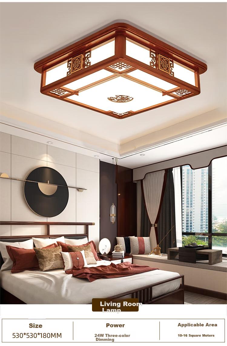NVC New Chinese-Style Ceiling Light, Three-Color Dimming, 36W, Ink Blue Mountain Classical Wood Art, Antique Style Bedroom Lighting Fixture 9