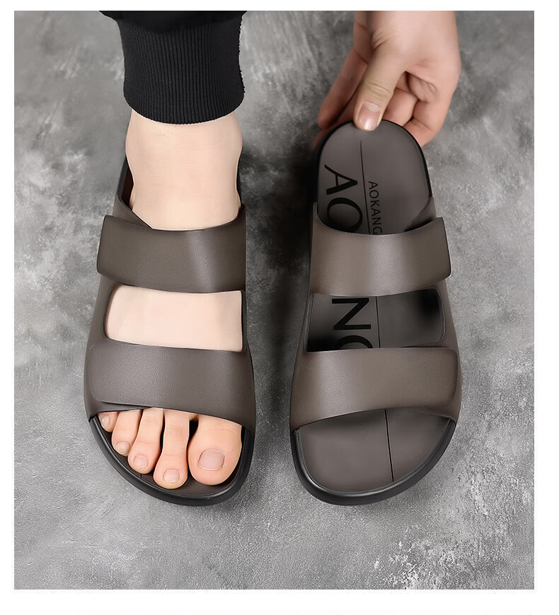 Aokang New Men's Birkenstock Sandals, Summer Slippers, Simple Slide Sandals, Soft-Soled Beach Shoes, Gray, Size 38 8