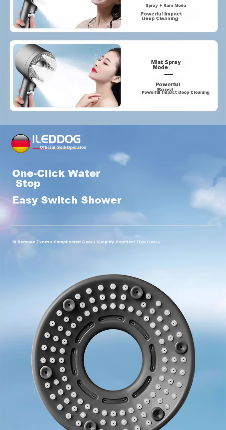 ILeddog [Germany] Pressurized Shower Head, Bathroom High-Pressure Filtered Five-Level Water Purification Shower Sprayer, Lifen 5-Level 15