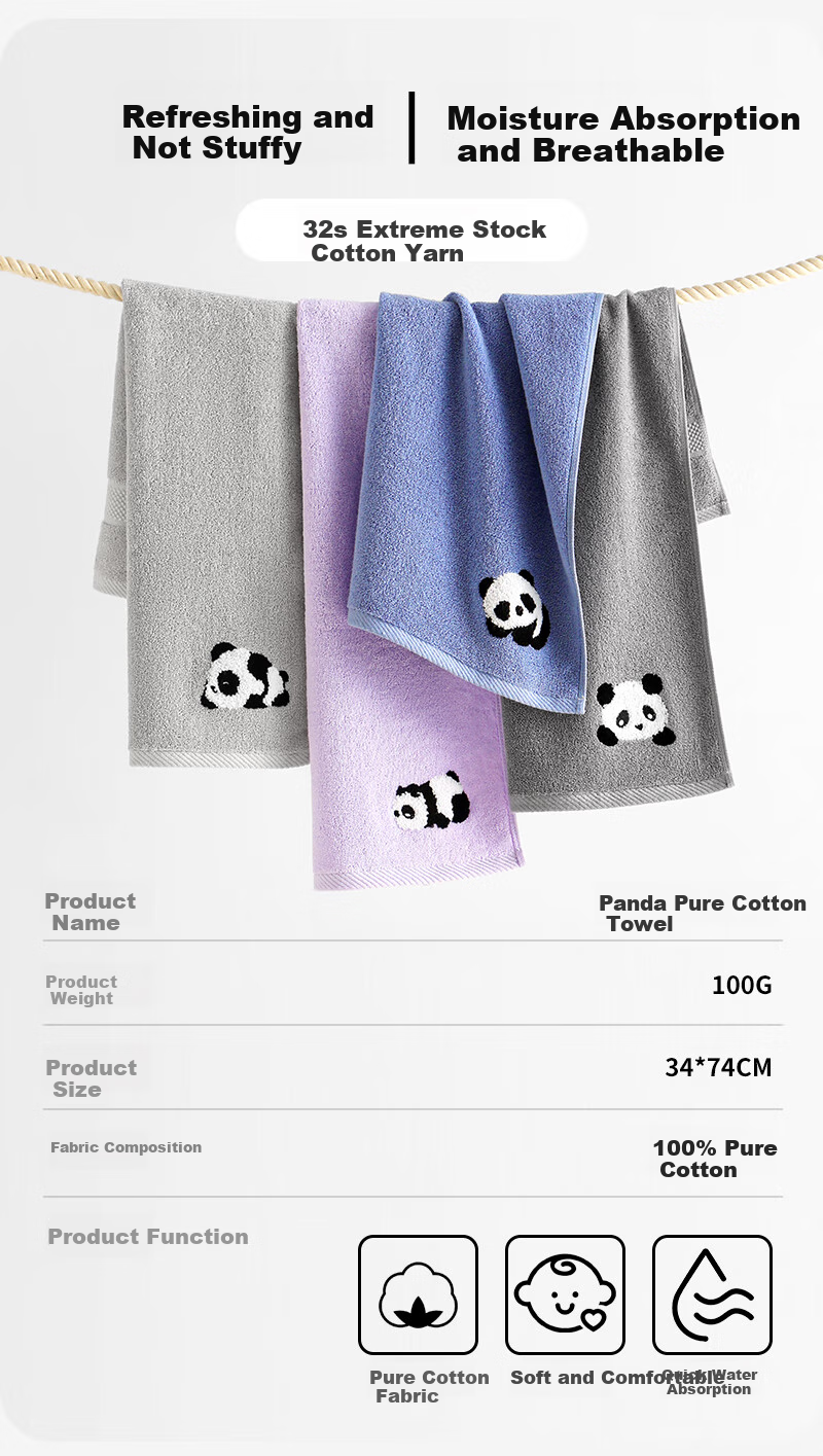 Zhuyibai Ultra-Soft Class A Pure Cotton Adult Face Towel, 2 Pieces, 7A Antibacterial Absorbent Non-Shedding Large Towel, Dark Gray + Light Purple 2