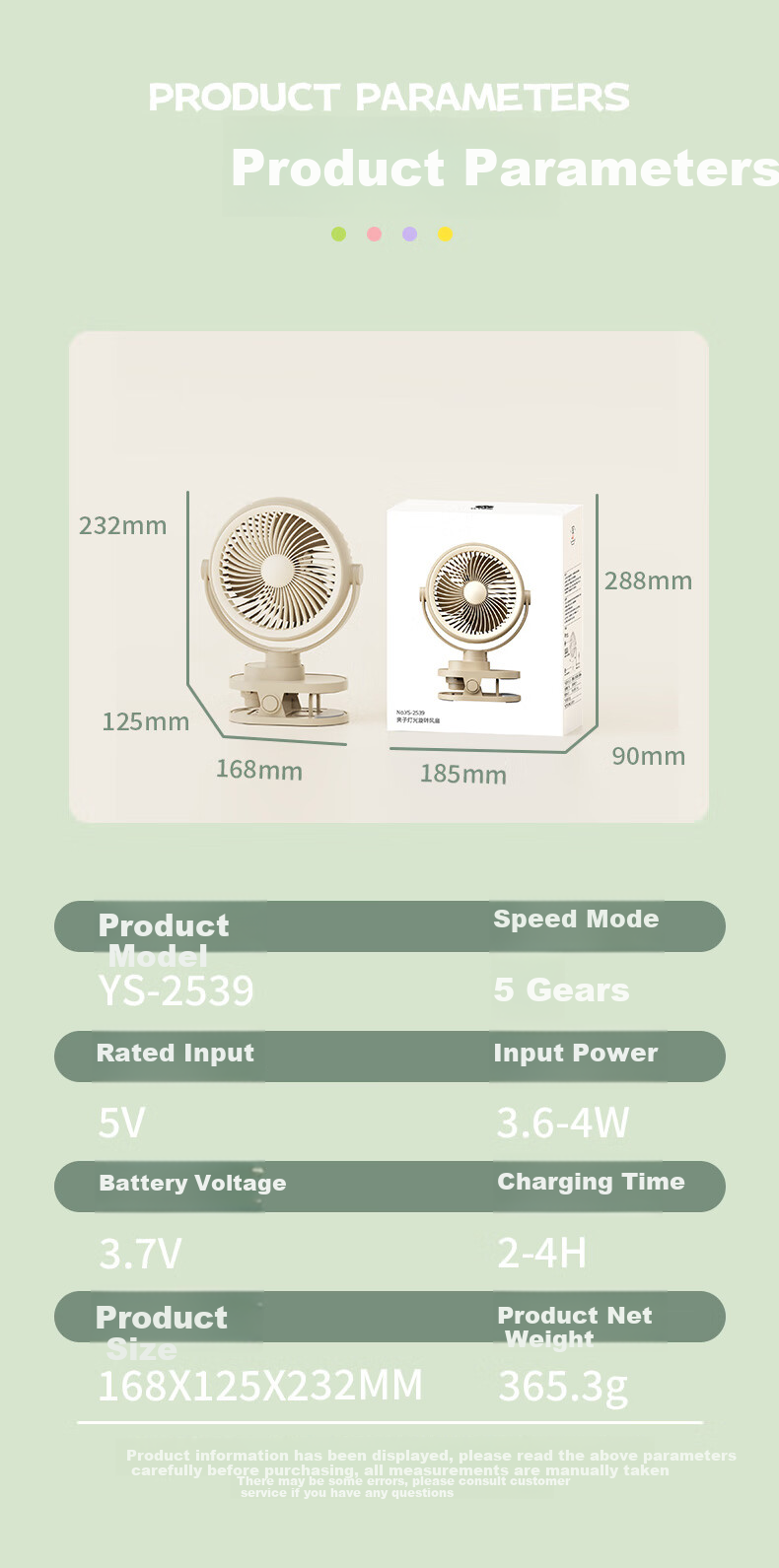 Siyicai Simple Clip-On Light Fan, Cute Student Mini Fan, USB Rechargeable, Dorm Bedside Small Electric Fan, Rotatable YS2539 Bean Green Color 10