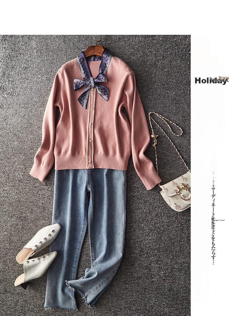 Dme [Commute] Spring And Autumn Silk Ribbon Pearl Button Decorated Cardigan, Versatile Knit Sweater for Women, Medium Gray, Size S 9