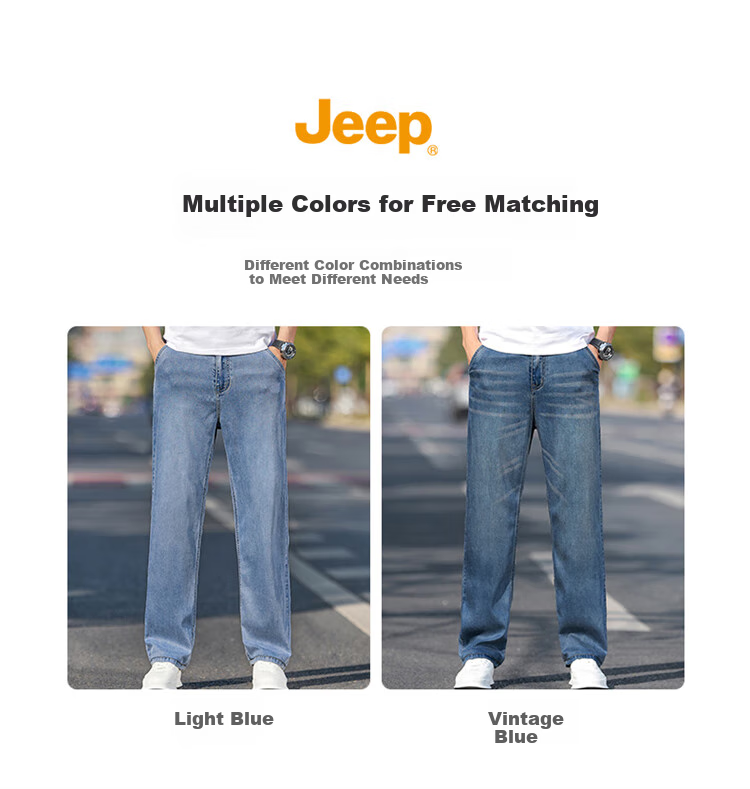 JEEP Men's Jeans, Summer Ice Silk Thin Loose Straight-Leg Pants, Trendy Casual Trousers for Men, Light Blue, Size 29 1