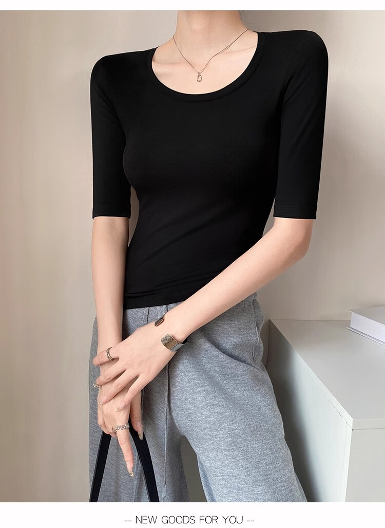 NOME White T-Shirt for Women, Mid-Sleeve Round Neck Summer Modal Undershirt Slim-Fit Solid Color Three-Quarter Sleeve Top Black L 2