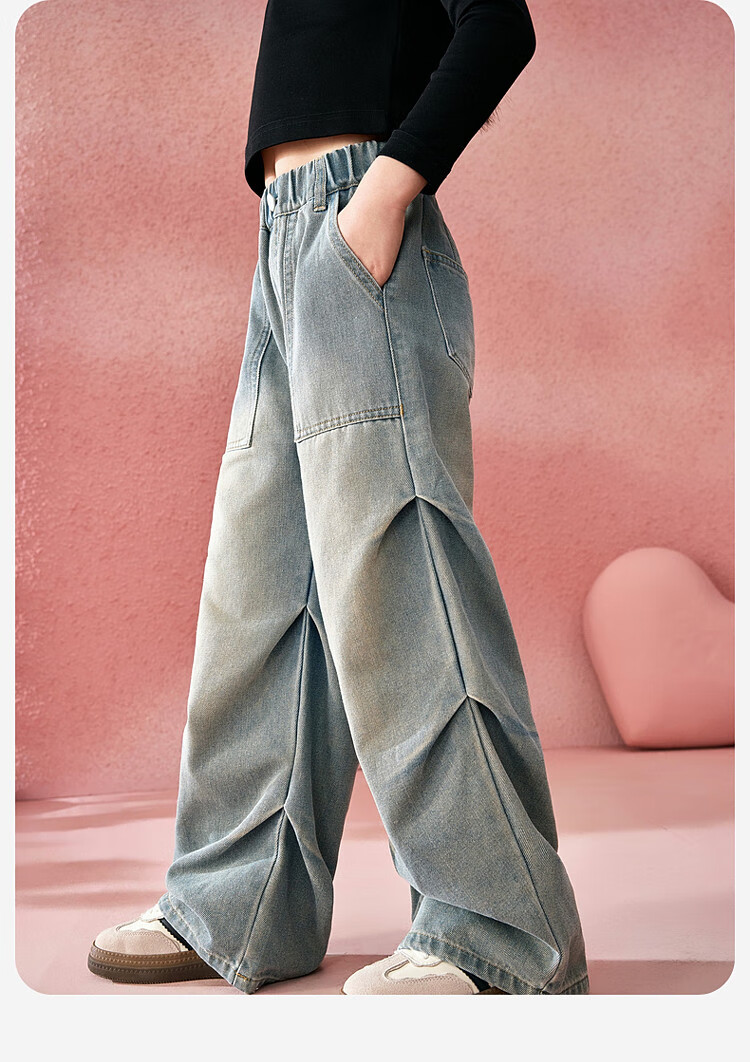 ASK JUNIOR [Brush-Dyed Jeans] Children's Pants, Fall 2026 Vintage Straight-Leg Trousers, Girls' Draping Long Pants, Youth Style 5