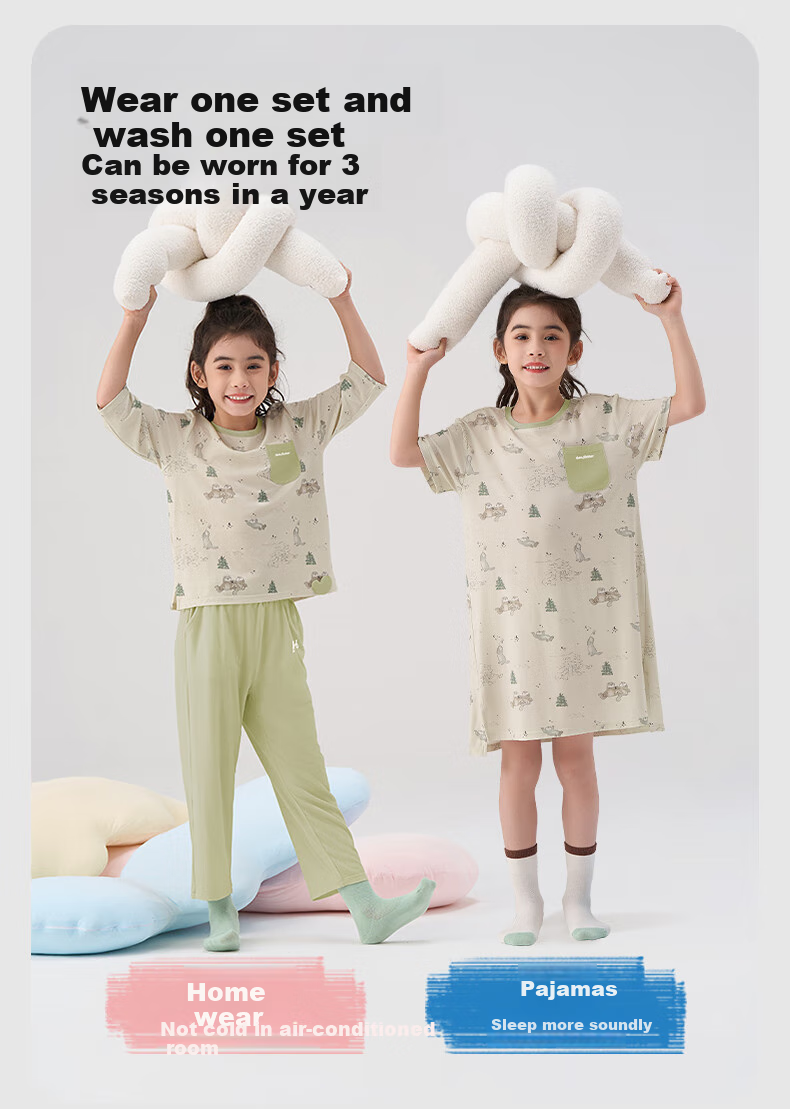 HeyBetter Children's Quick-Dry Home Wear, 5A Antibacterial Soft Breathable Set - Otter Forest (Gray-Green), Size 140 10