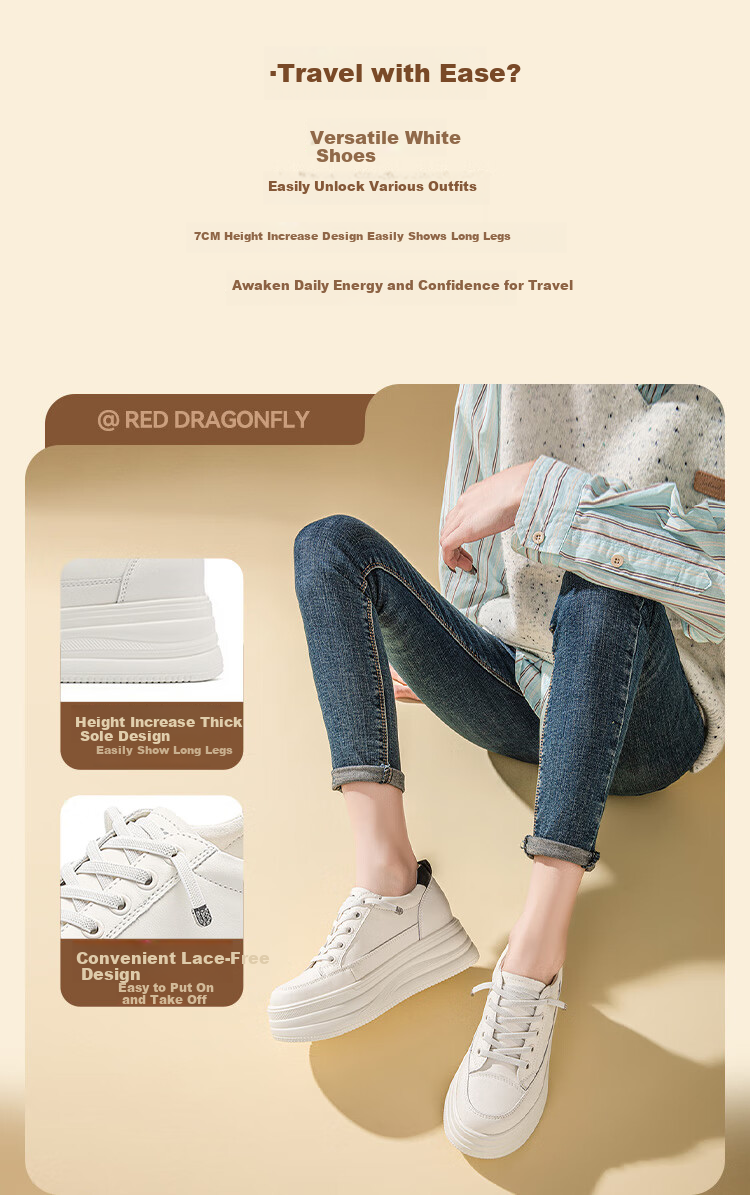 RED DRAGONFLY Women's Shoes, 2026 Autumn White Sneakers, Thick-Soled Heightening Versatile Casual Lightweight WPB15032, Beige/black, Size 40 3