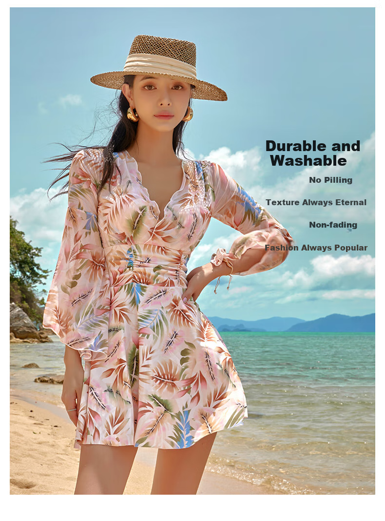 Sanqi One-Piece Swimsuit Dress for Women with Long Sleeves And High Waist, Tummy Control Slimming Swimwear for Hot Springs, Plus Size 24030XXXXL 7