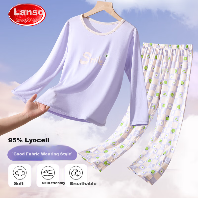 LangSha Children's Pajamas for Girls, Summer Thin Lycra Cotton Three-Quarter Sleeve Sleepwear Set for Middle And High School Students