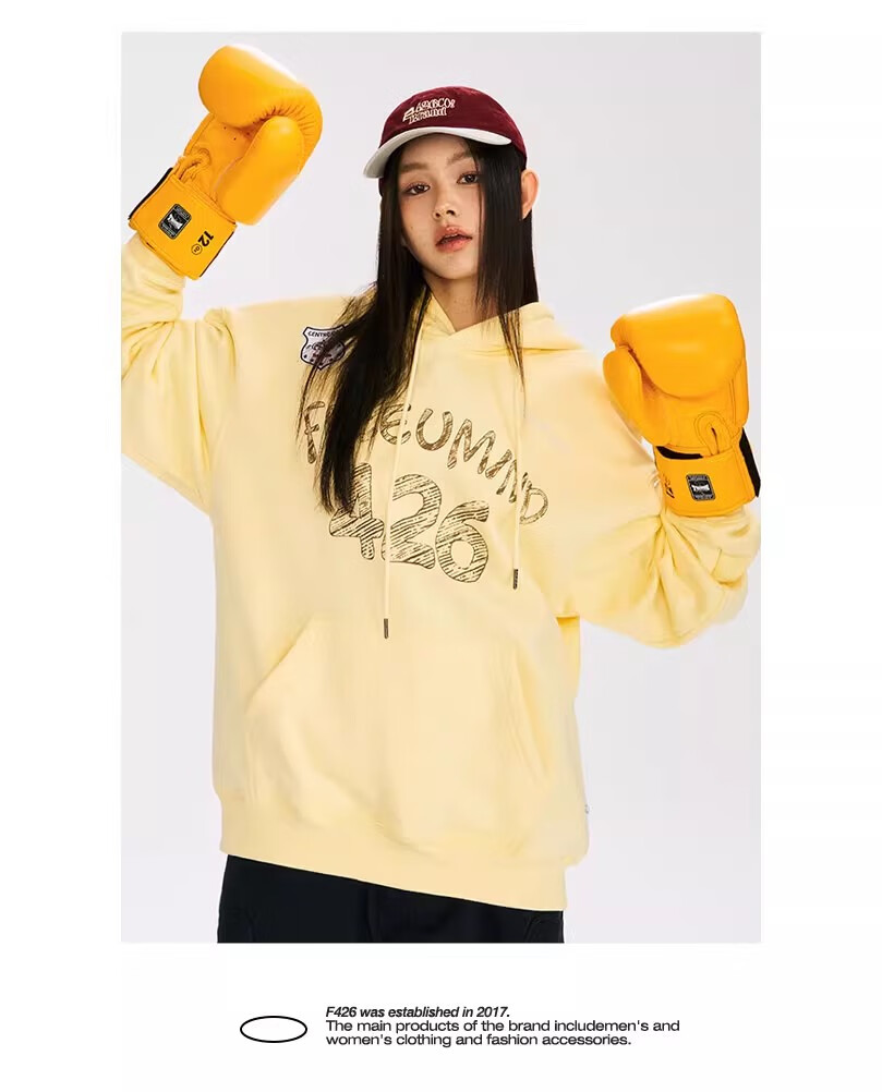 F426 [Zhao Lusi Style] National Trend Brand Autumn Couple's American Loose Graffiti Hoodie Yellow L 11