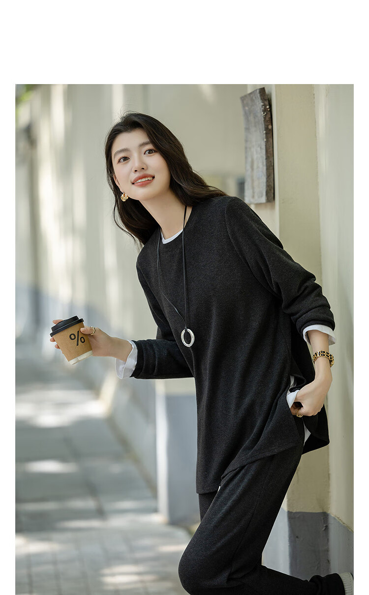 Dme Women's Two-Piece Set Autumn Elegant Round Neck Side Slit Top and Elastic Waist Long Pants for Petite 12