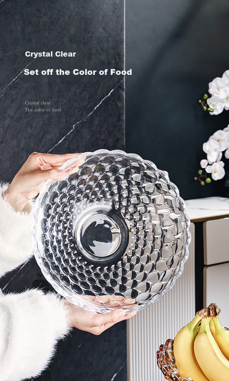 CRISTALGLASS Glass Fruit Plate, Home Living Room Coffee Table, European Light Luxury Style, Internet-Popular High-End Snack Display Tray, Large Capacity 5
