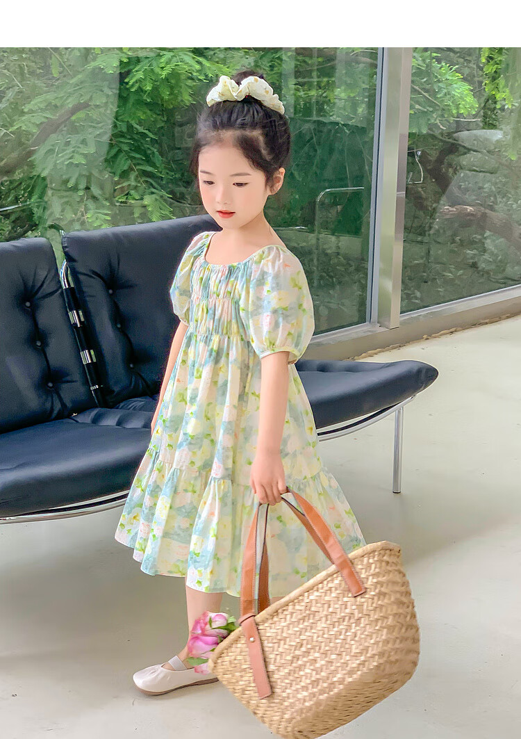Tutuxiaoxiang Girls' Dress, 100% Cotton, Children's Puff Sleeve Floral Princess Dress, Green, Size 110, Height Approximately 110cm 10