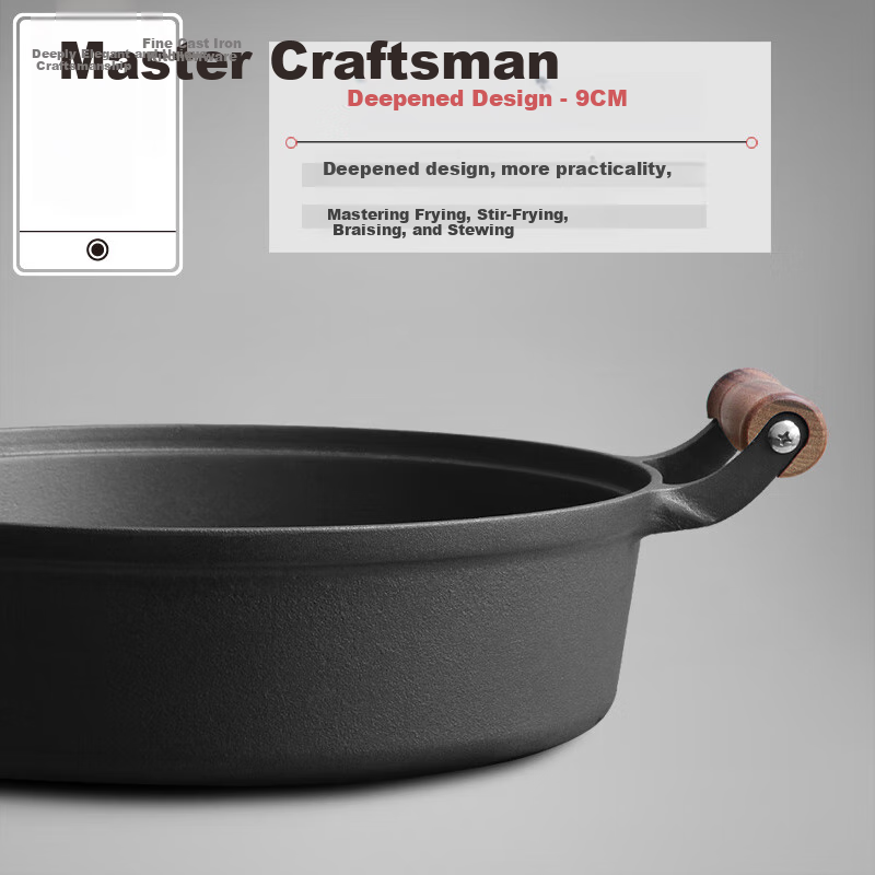 Dianjiang Cast Iron Frying Pan, 32cm, Uncoated Iron Pan, Non-Stick, for Steak And Pancakes, Deep Frying Pa