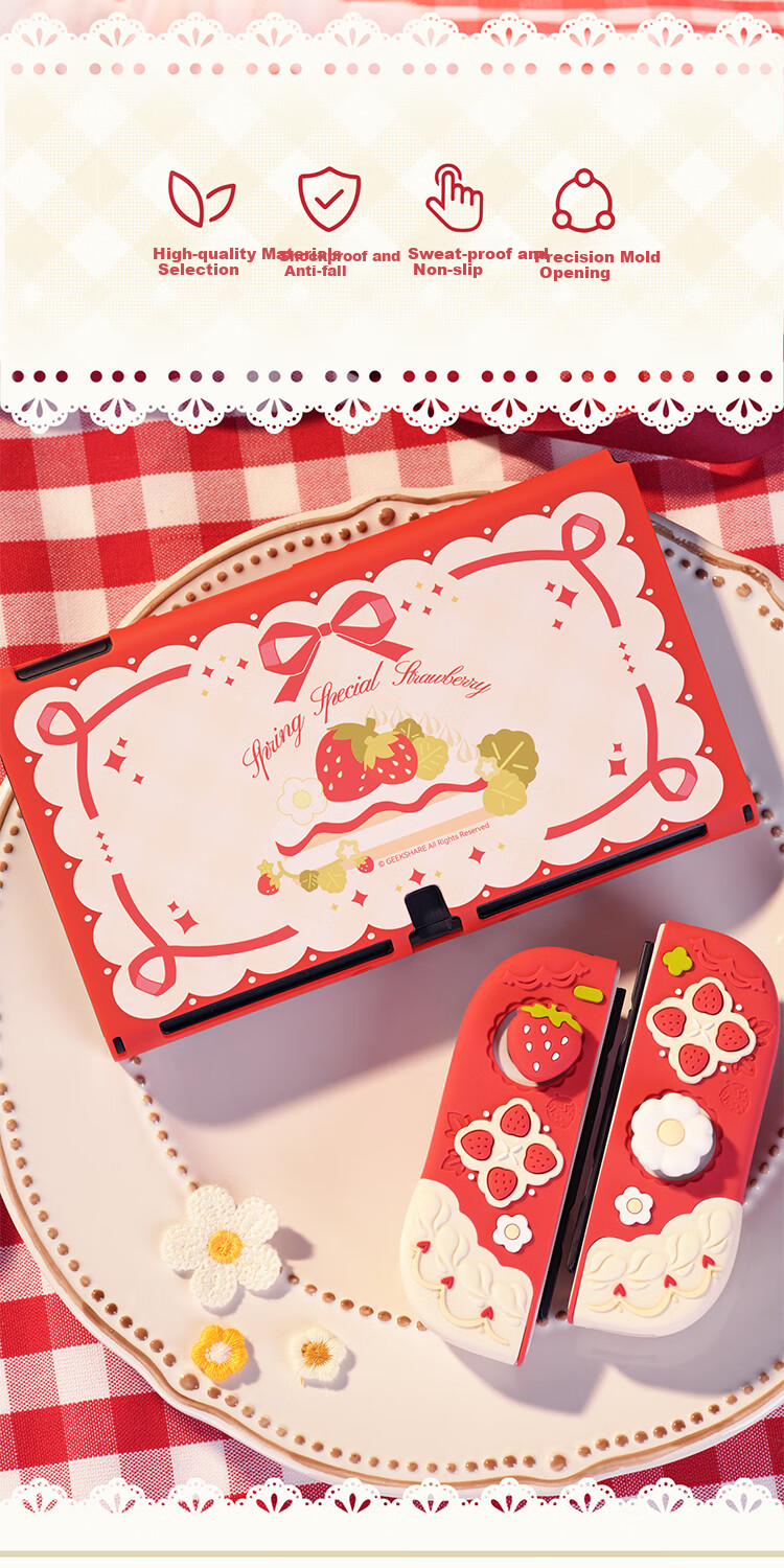 Jixiang Switch OLED Protective Case, Shockproof And Sweat-Resistant Spring Strawberry Silicone Soft Shell with Joy-Con Cap, Detachable Joy-Con Handle Case, Full Protection Shell 1