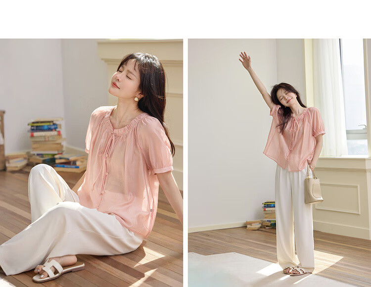 MT "Blazing Peach Blossom" Summer Sweet Style Tencel Polyester Wrinkled Round Neck Lightweight Shirt Women's Top 14