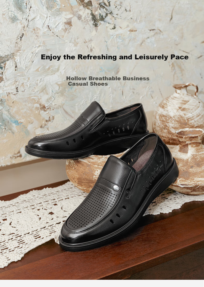 Aokang Men's Shoes, Spring And Summer Business Casual Leather Shoes, Cowhide Slip-On Comfortable Wear-Resistant Dad Shoes, Black Hollow Breathable, Size 38 1