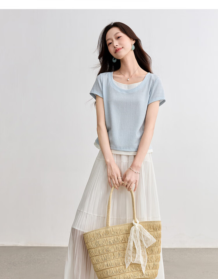 Sentubila Color Block Round Neck Waist Side Pleated Short Sleeve Textured T-Shirt for Women, Summer Commute Fashion Elegant Versatile Top 21