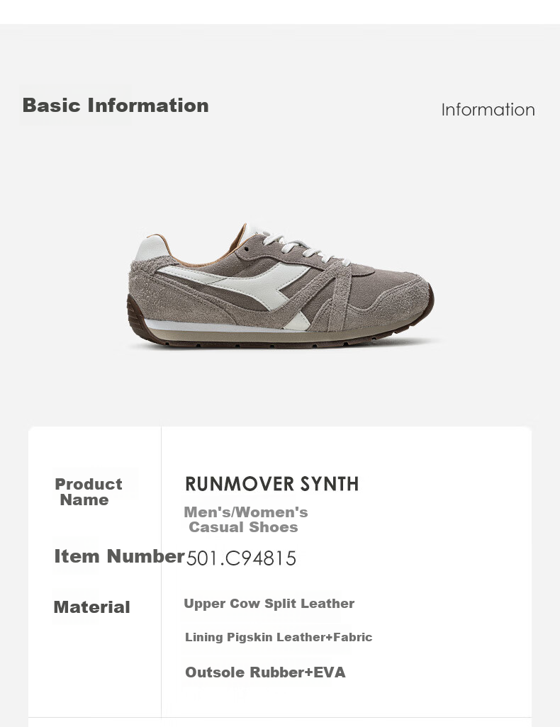 Diadora Men's And Women's Casual Shoes Runmover Synth, Gray/white/brown, Recommend Ordering Half Size Up, Size 36.5 13