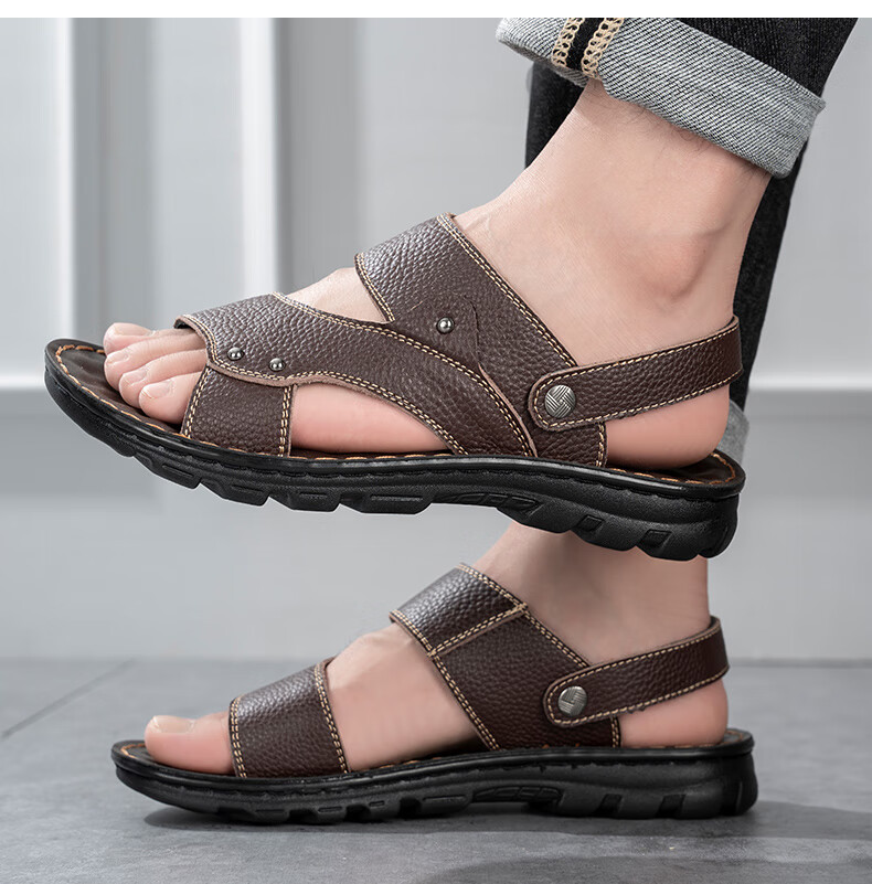 MEXICAN Top-Grain Leather Sandals for Men, Beach Shoes, Men's Slippers, Hollow-Out Casual Men's Shoes, Black, Size 44 10