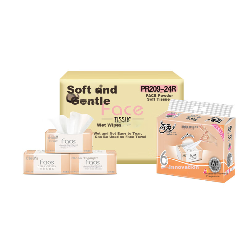 Jierou Facial Tissues, Pink Face Floral Fragrance, 3-Ply, 100 Sheets, 6 Packs, 4 Bundles, PR209-24R/PR299 Whole Box