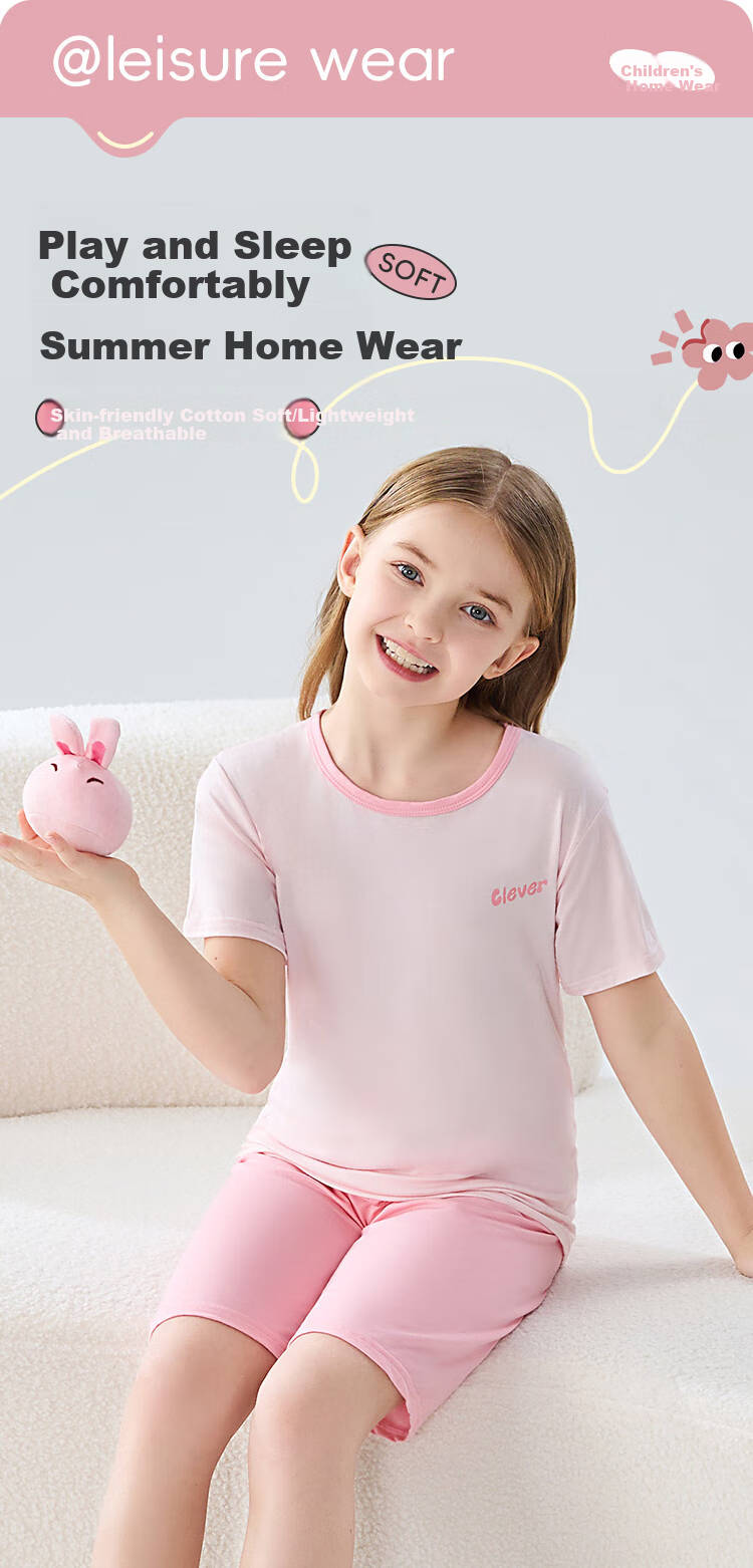 LangSha Children's Pajamas, Summer Girls' Short-Sleeve Thin Air Conditioning Wear, Big Kids Girls' Home Wear Set, Pink, Size 140 1